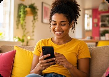 Mulher sorrindo enquanto usa o celular no sofá